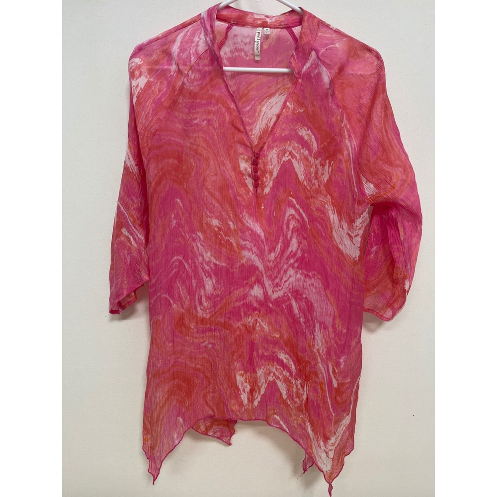 Grand & Greene Pink Marble Print Sheer Tunic Top V-Neck Handkerchief Hem Medium